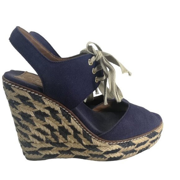 Tory Burch Wedge Espadrille Linley Platform Sandals Size 6.5-7? Peep Toe Blue - Picture 10 of 15